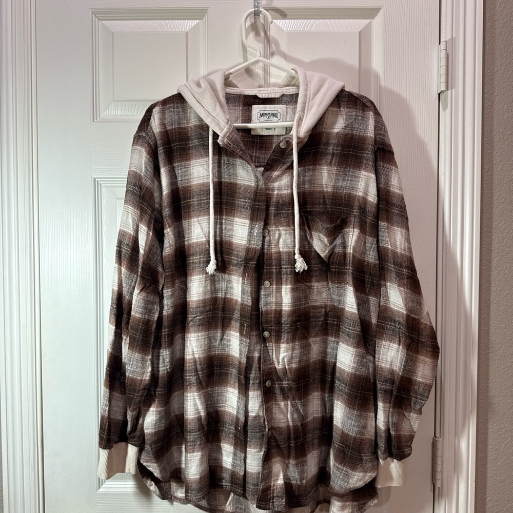 American Eagle Outfitters Brown Checkered Hooded Shirt